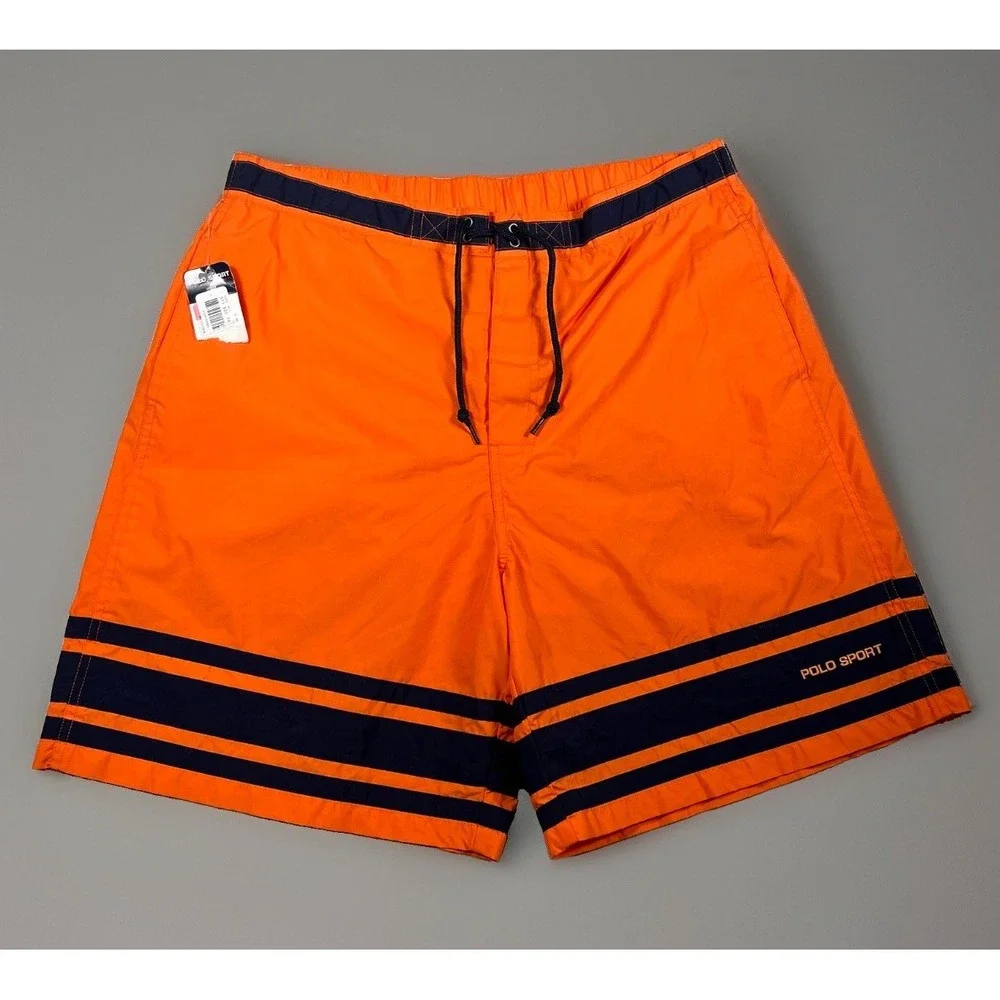 VTG Polo Sport Ralph Lauren Mens L Swim Shorts Orange Navy Striped Trunks 8